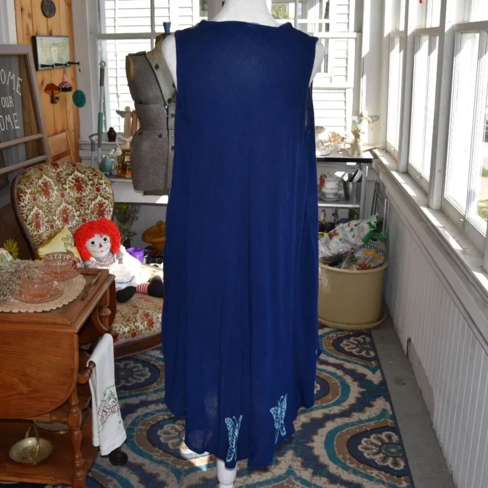 Vintage 90s Butterfly Viscose Dress Blue Boho India Free Size